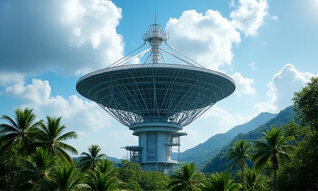 Antenne parabolique géante d'une station au sol, avec un ciel bleu tropical
